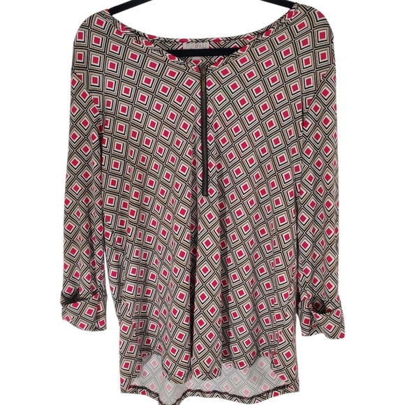 🚫 ROZ & ALI Woman's Top Size L Black Pink Print Zipper - Picture 1 of 7